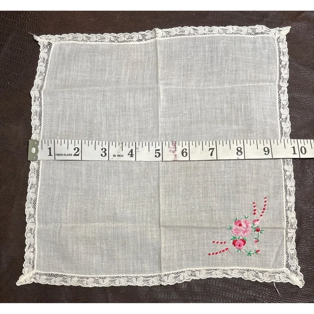 Vintage White Cotton Handkerchief With Pink‎ Floral Embroidery & Lace Trim